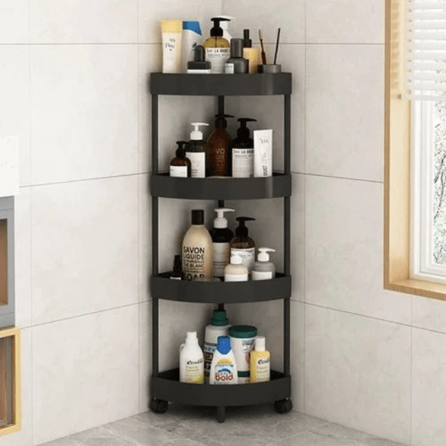 Raft coltar pe roti pentru baie, organizator multifunctional din plastic 90 x 34 cm
