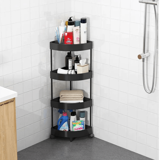 Raft coltar pe roti pentru baie, organizator multifunctional din plastic 90 x 34 cm — imaginea 2