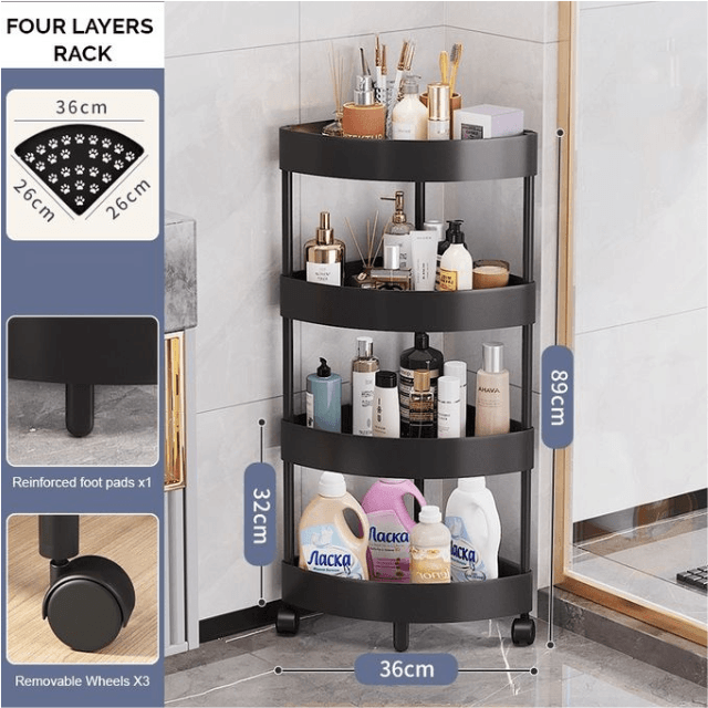 Raft coltar pe roti pentru baie, organizator multifunctional din plastic 90 x 34 cm — imaginea 4