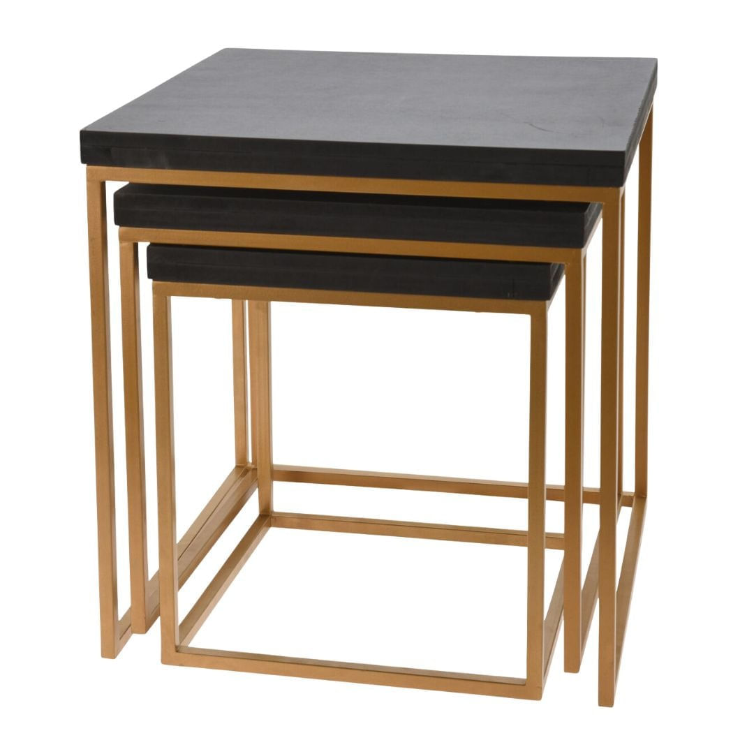 Set 3 masute de cafea, lemn masiv mango, cadru metalic auriu, negru/auriu, 40x40x42.5, 35x35x35.5, 30x30x34 cm — imaginea 3