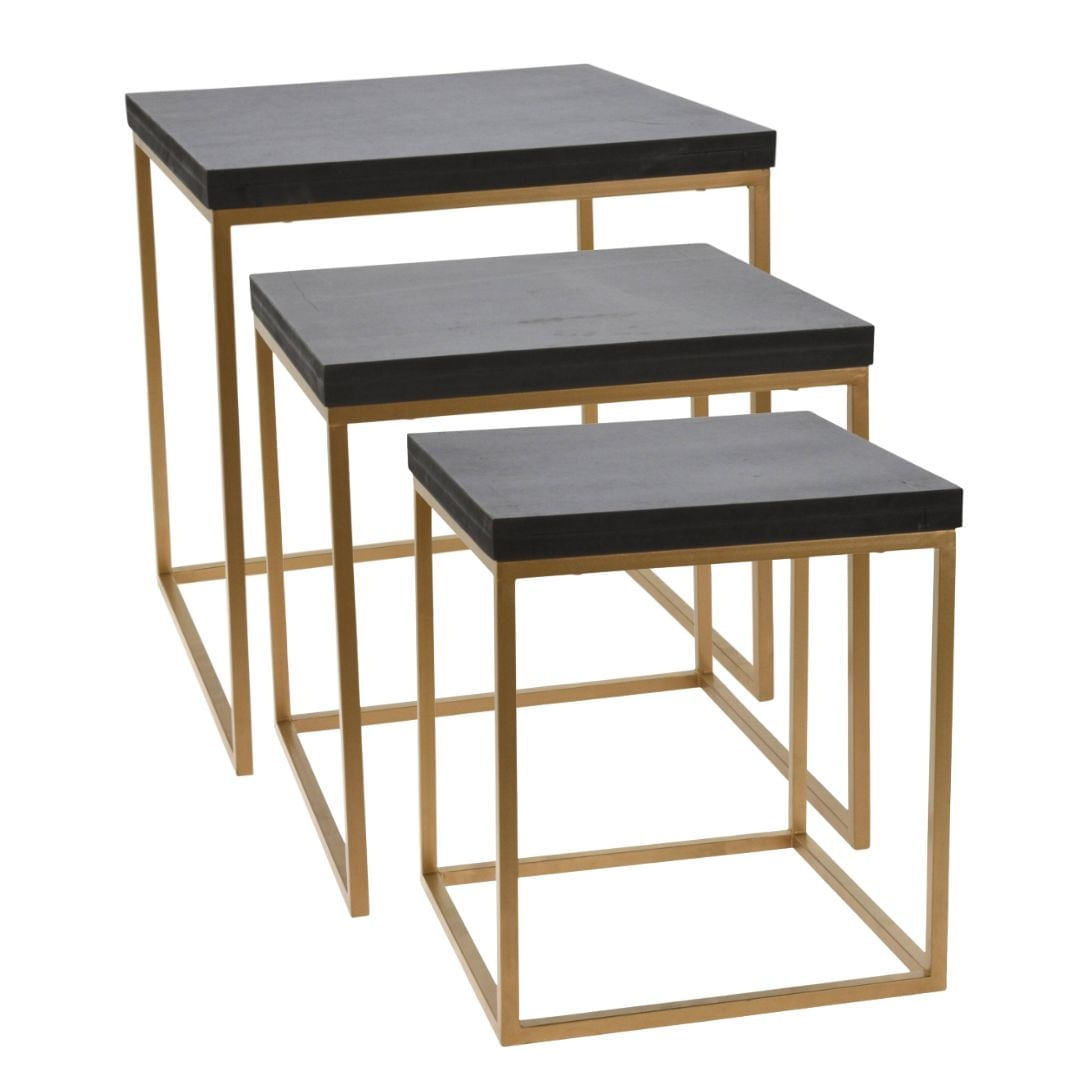 Set 3 masute de cafea, lemn masiv mango, cadru metalic auriu, negru/auriu, 40x40x42.5, 35x35x35.5, 30x30x34 cm — imaginea 4