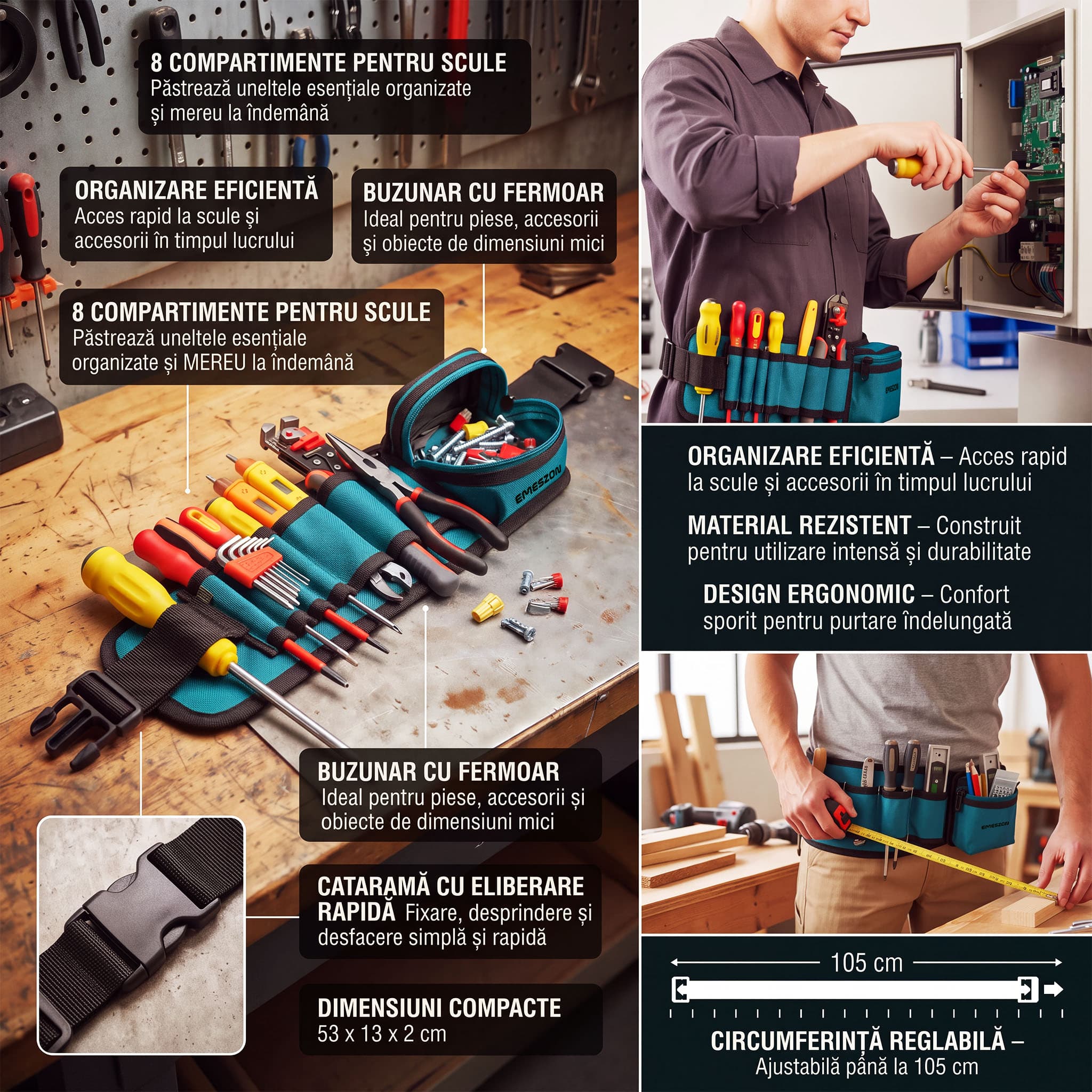 Centura scule Emeszon® pentru electrician, dulgher, tamplar, mecanic, organizator scule, 53 x 13 x 2 cm, albastru — imaginea 18