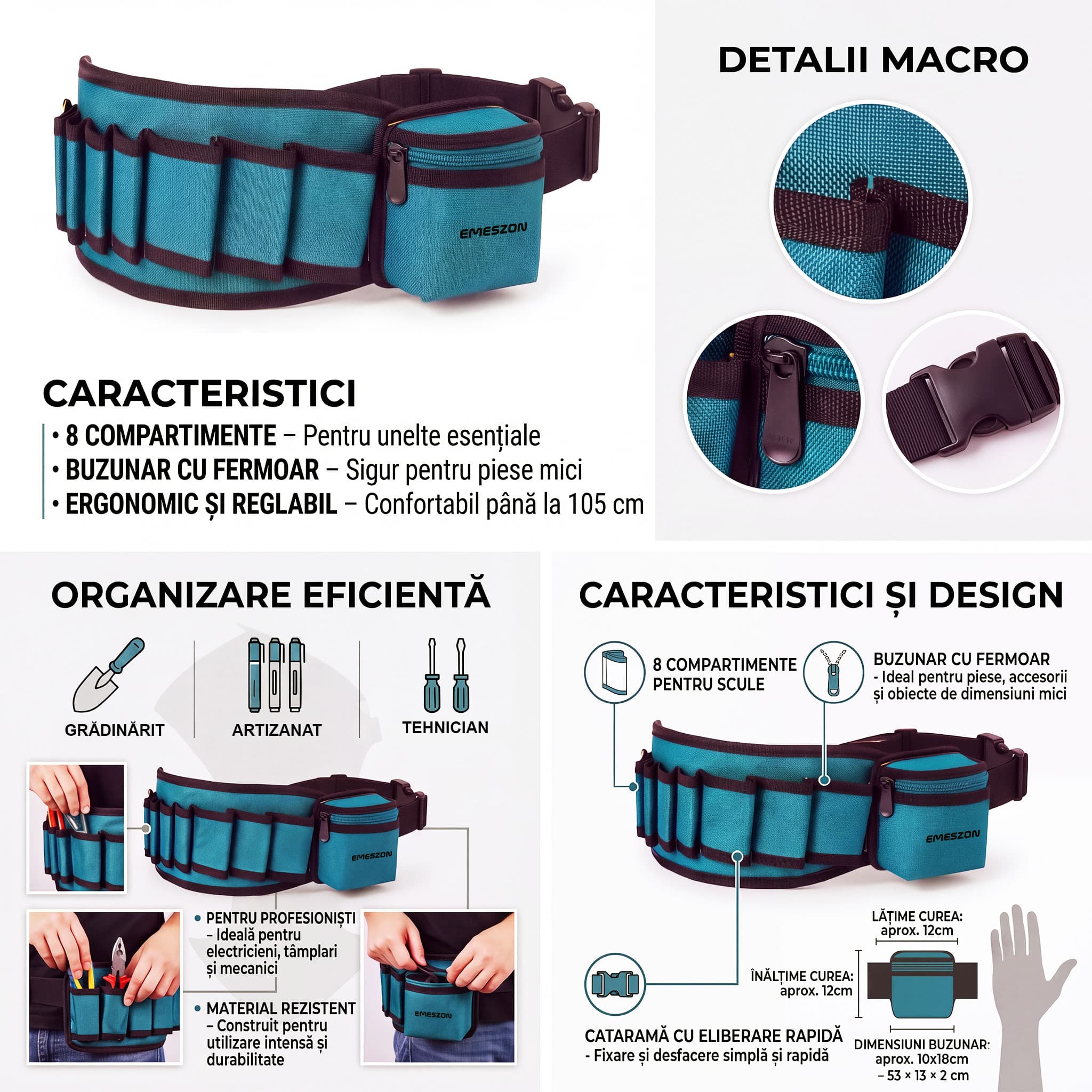 Centura scule Emeszon® pentru electrician, dulgher, tamplar, mecanic, organizator scule, 53 x 13 x 2 cm, albastru — imaginea 22