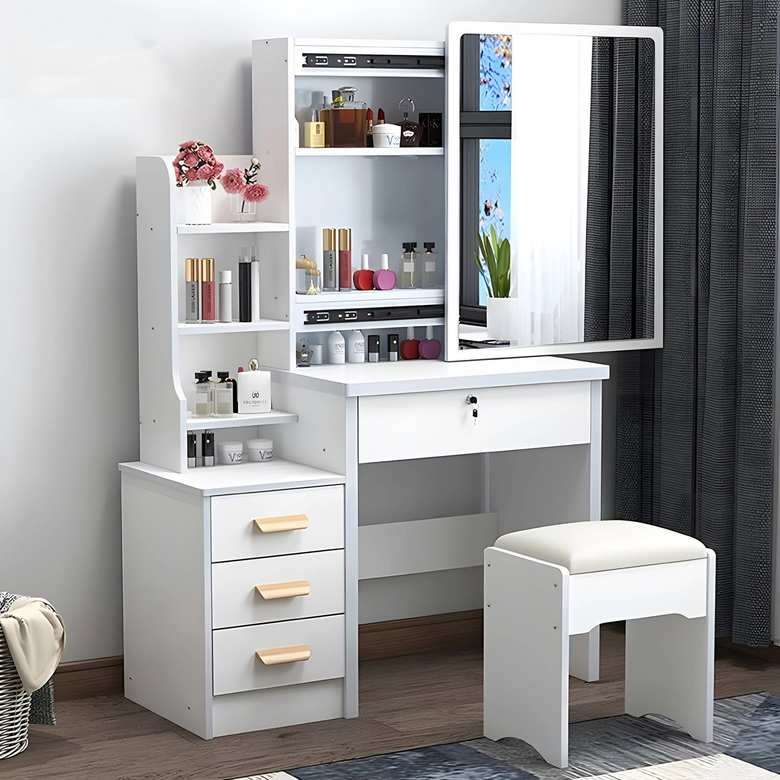 Masa Toaleta Machiaj Alba cu Oglinda LED HAWIRE, Taburet, Sertare si Etajere, Mobilier Femei, 130x40x80cm