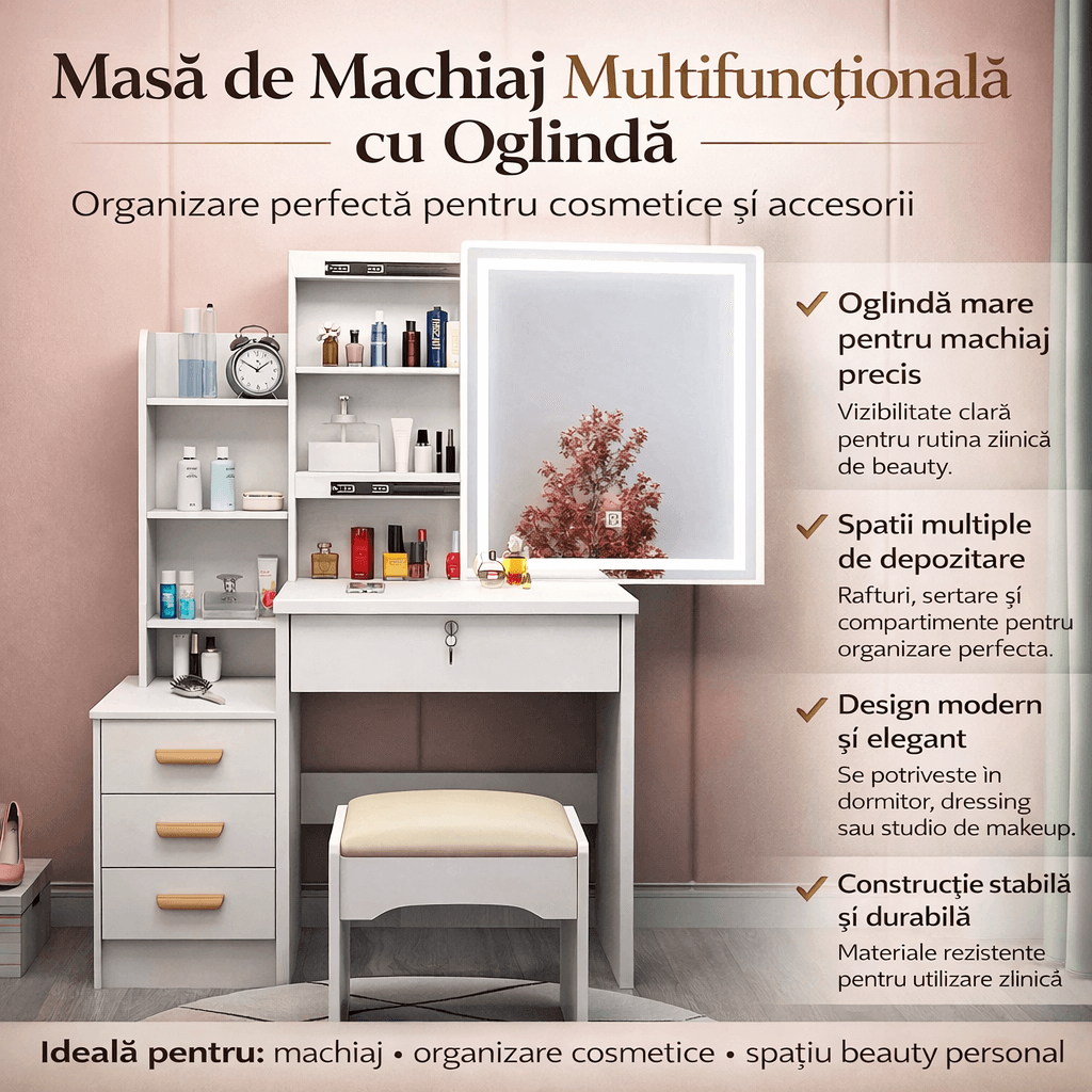 Masa Toaleta Machiaj Alba cu Oglinda LED HAWIRE, Taburet, Sertare si Etajere, Mobilier Femei, 130x40x80cm — imaginea 2