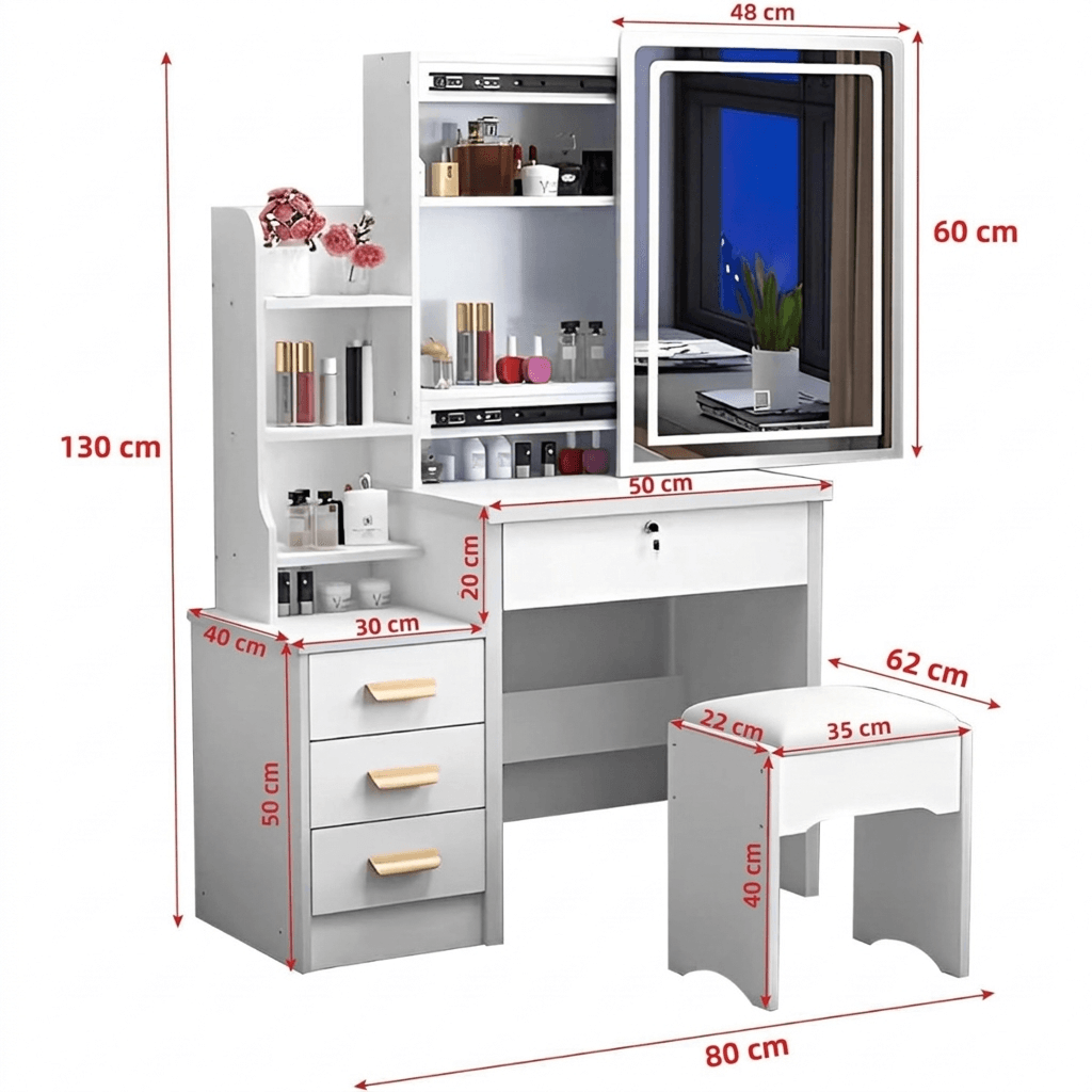 Masa Toaleta Machiaj Alba cu Oglinda LED HAWIRE, Taburet, Sertare si Etajere, Mobilier Femei, 130x40x80cm — imaginea 3