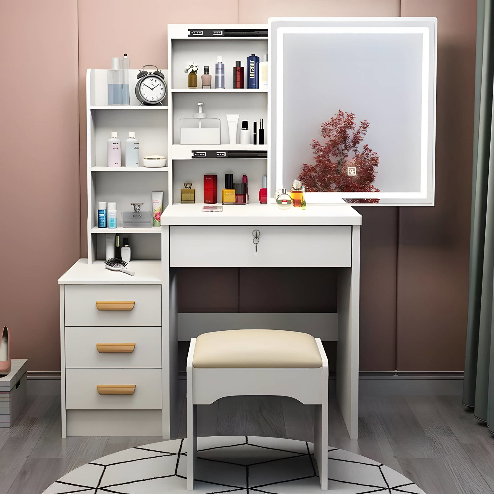 Masa Toaleta Machiaj Alba cu Oglinda LED HAWIRE, Taburet, Sertare si Etajere, Mobilier Femei, 130x40x80cm — imaginea 4
