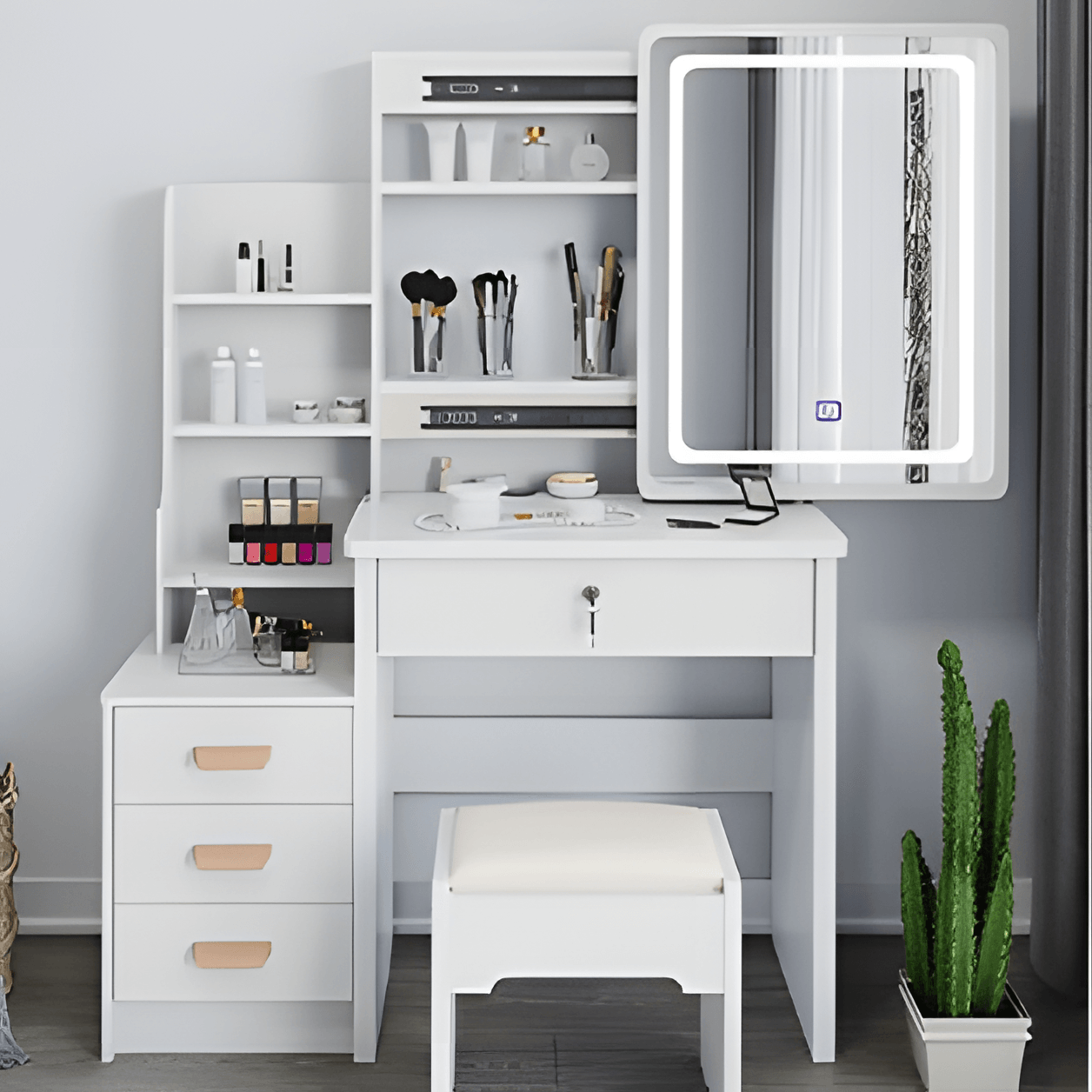 Masa Toaleta Machiaj Alba cu Oglinda LED HAWIRE, Taburet, Sertare si Etajere, Mobilier Femei, 130x40x80cm — imaginea 5