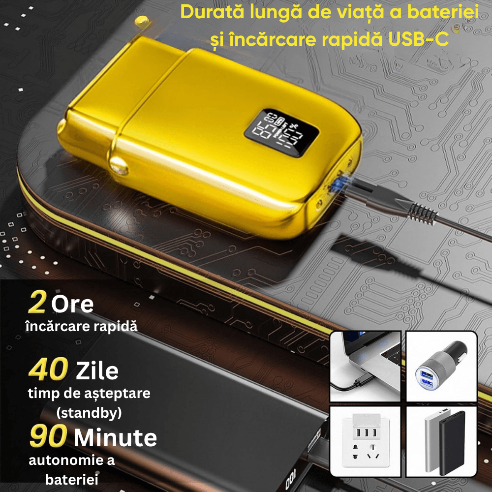 Aparat Ras Electric 4D BIRAI® AlphaX, 8500 RPM, 3 Viteze, USB, Waterproof, LCD, Lame Duble, Umed/Uscat, Auriu