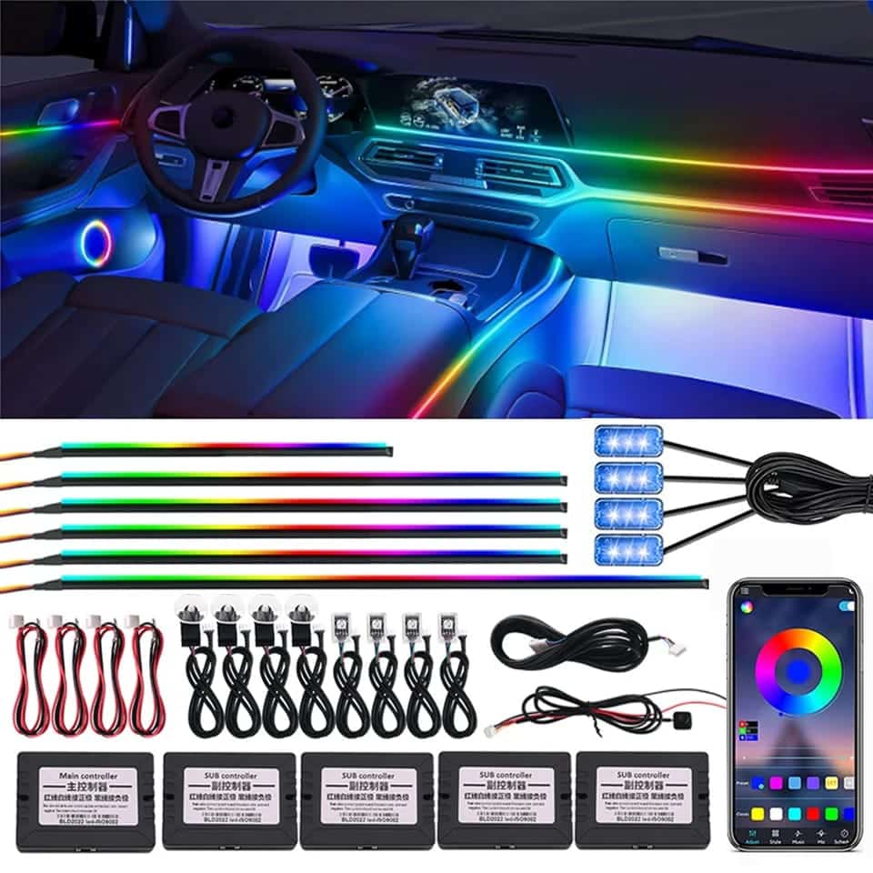 Lumini Ambientale Auto LED interior RGB Acrilice 18 in 1 Dinamice cu efect Symphony pentru Fete usi, Bord, Manere, Podea