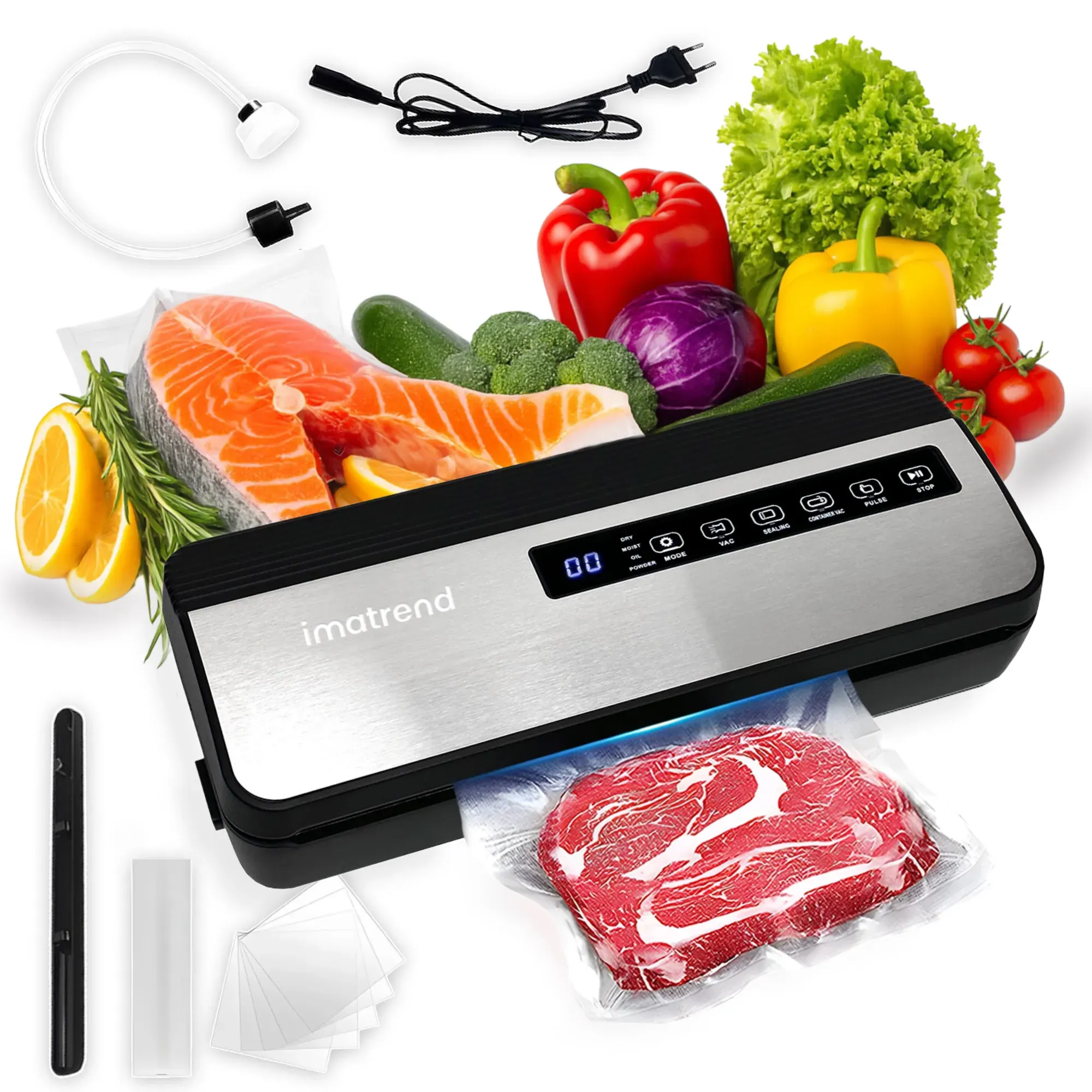 Aparat de vidat si sigilat alimente IMA Trend, 130W cu 80kpa, 5 functii vidare umed/uscata/soft, 30 cm, Gri