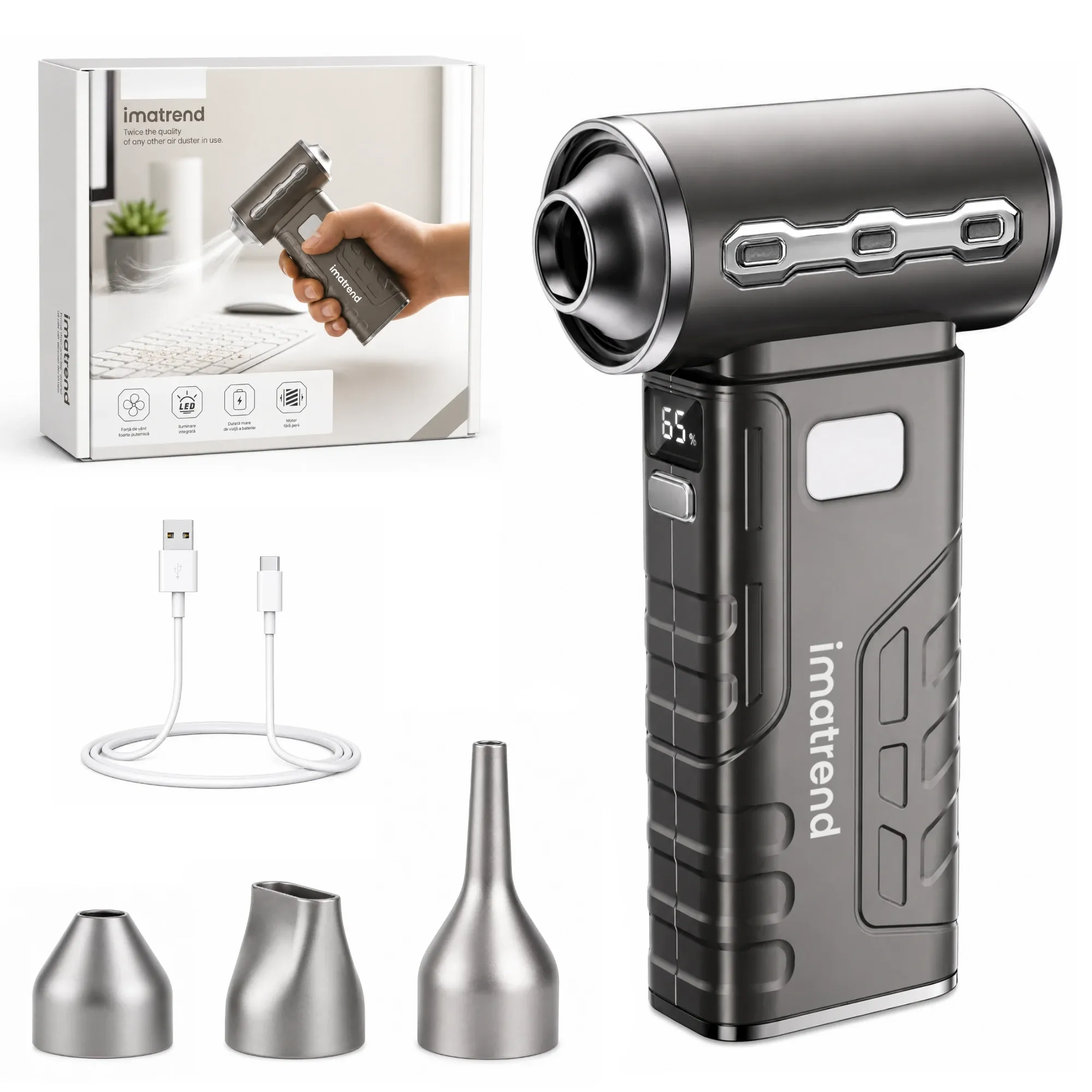 Suflanta de aer portabila IMA Trend Turbo Fan 140000 RPM – 6 trepte de putere, baterie 3000 mAh, incarcare USB-C, Gri