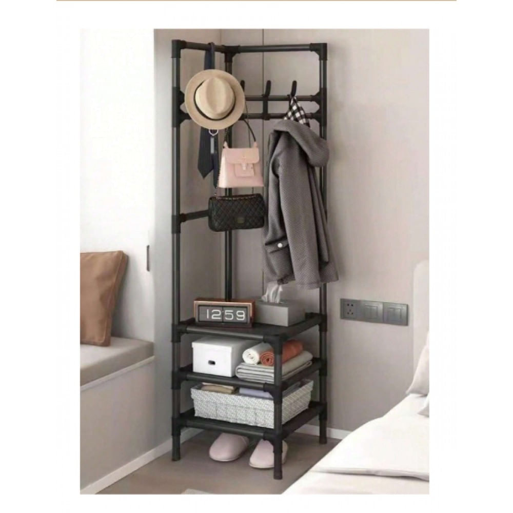 Suport de colt pt haine&pantofi EMC ONSHOP®, metalic, 3 rafturi pt pantofi, 4 carlige duble, 185x54x40 cm, Negru — imaginea 3