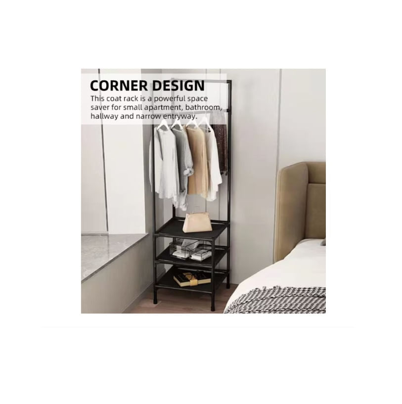 Suport de colt pt haine&pantofi EMC ONSHOP®, metalic, 3 rafturi pt pantofi, 4 carlige duble, 185x54x40 cm, Negru — imaginea 5