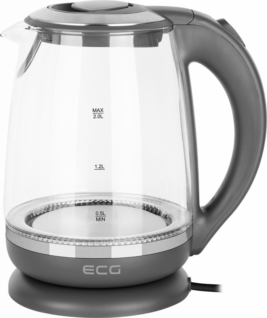 Cana electrica fierbator din sticla ECG RK 2020 gri, 2 L, 2200 W, lumina albastra de fundal