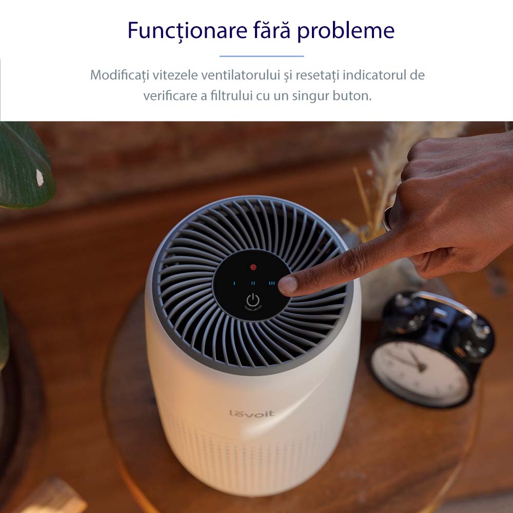 - Purificator de aer Levoit Core Mini, Filtru 3 in 1 True HEPA, Panou Comanda Touch Screen, Alb