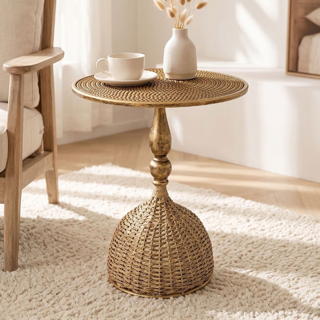 Masuta laterala rotunda cu blat metalic si baza impletita, stil boho-rustic, Ø40 x 51 cm, STL29, eCarla — imaginea 2