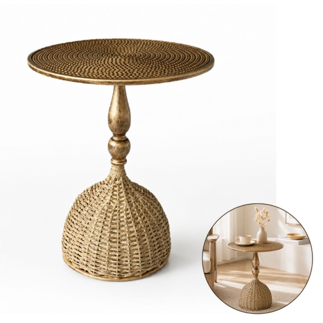Masuta laterala rotunda cu blat metalic si baza impletita, stil boho-rustic, Ø40 x 51 cm, STL29, eCarla — imaginea 3
