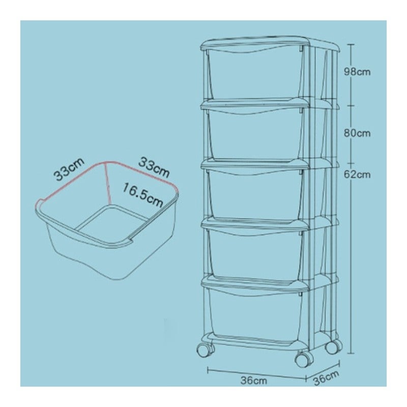 Dulap organizator din plastic, cu 5 sertare, pe roti, Ecarla, 97x38x37 cm, PO10