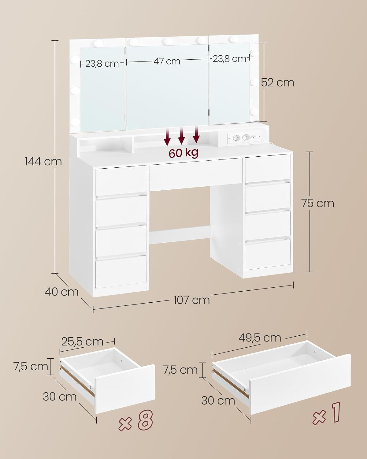 Masa de toaleta Kailyn cu oglinda tripla, 11 becuri LED, 9 sertare, prize si USB, taburet inclus, 107x40x144 cm, alb