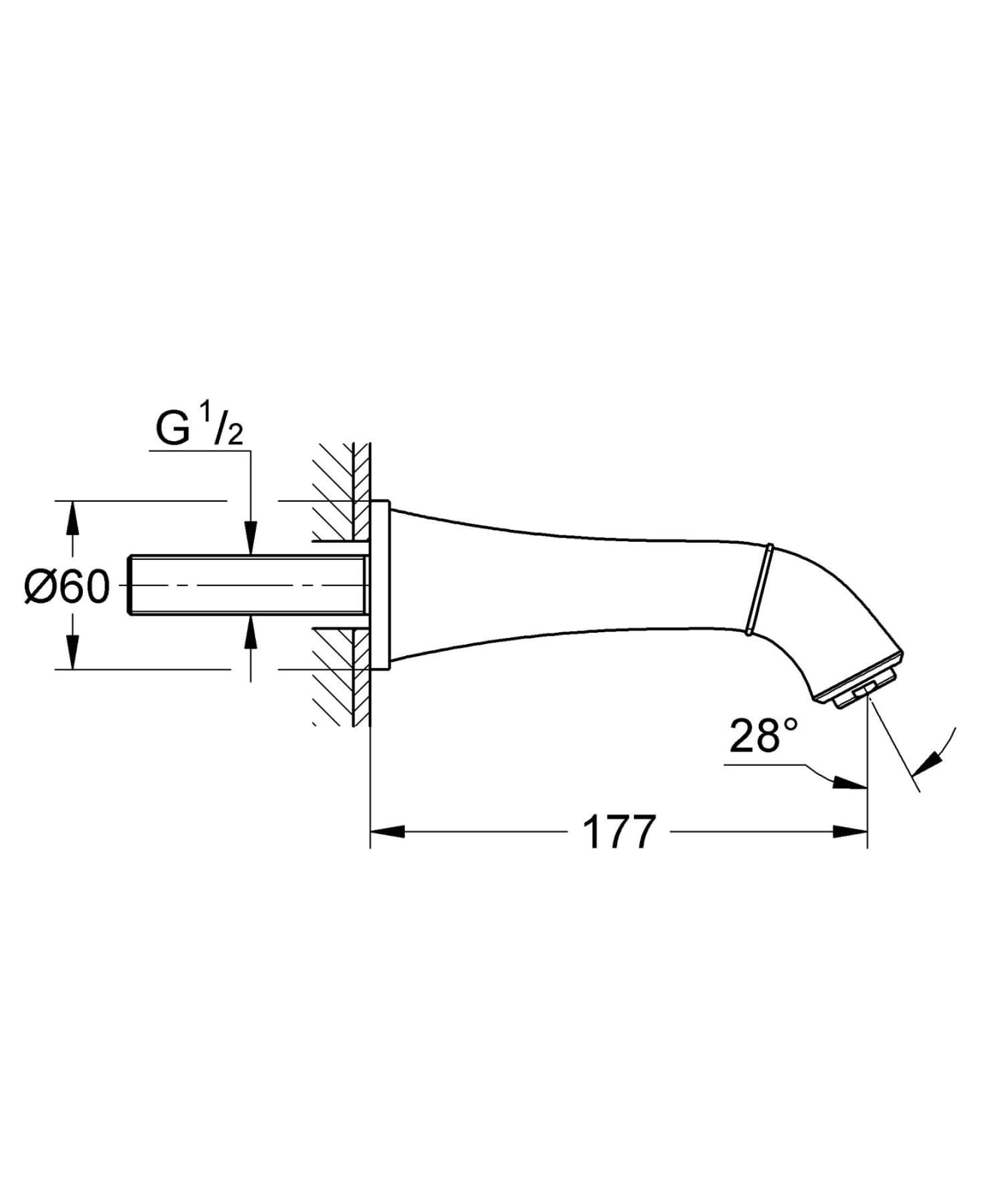 Pipa cada Grohe 13341000, 177 mm, 1/2 tip conexiune, 1/2 diametru conexiune, pe perete, aparent, Crom