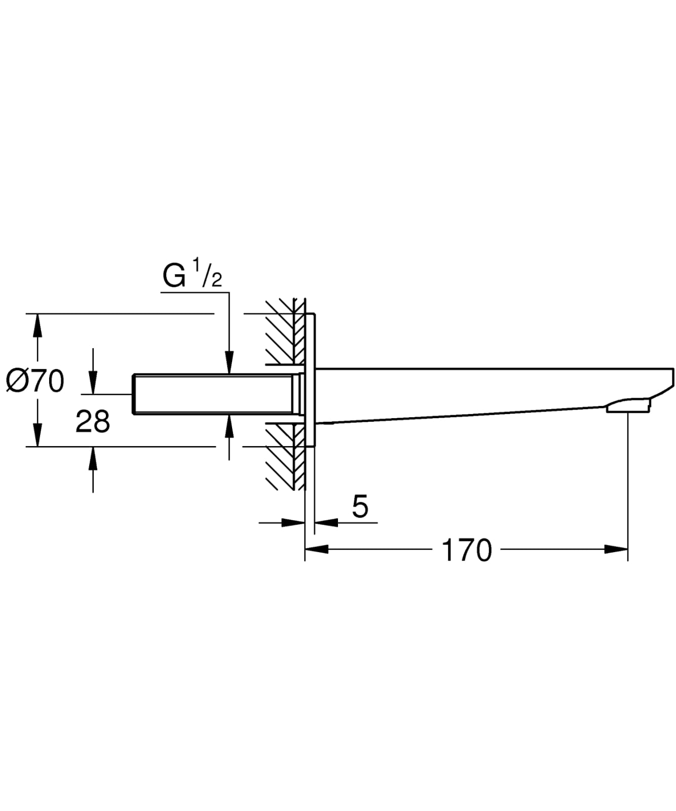 Pipa cada Grohe 13383001, 70 mm, 170 mm, 1/2 tip conexiune, 1/2 diametru conexiune, pe perete, aparent, Crom — imaginea 3