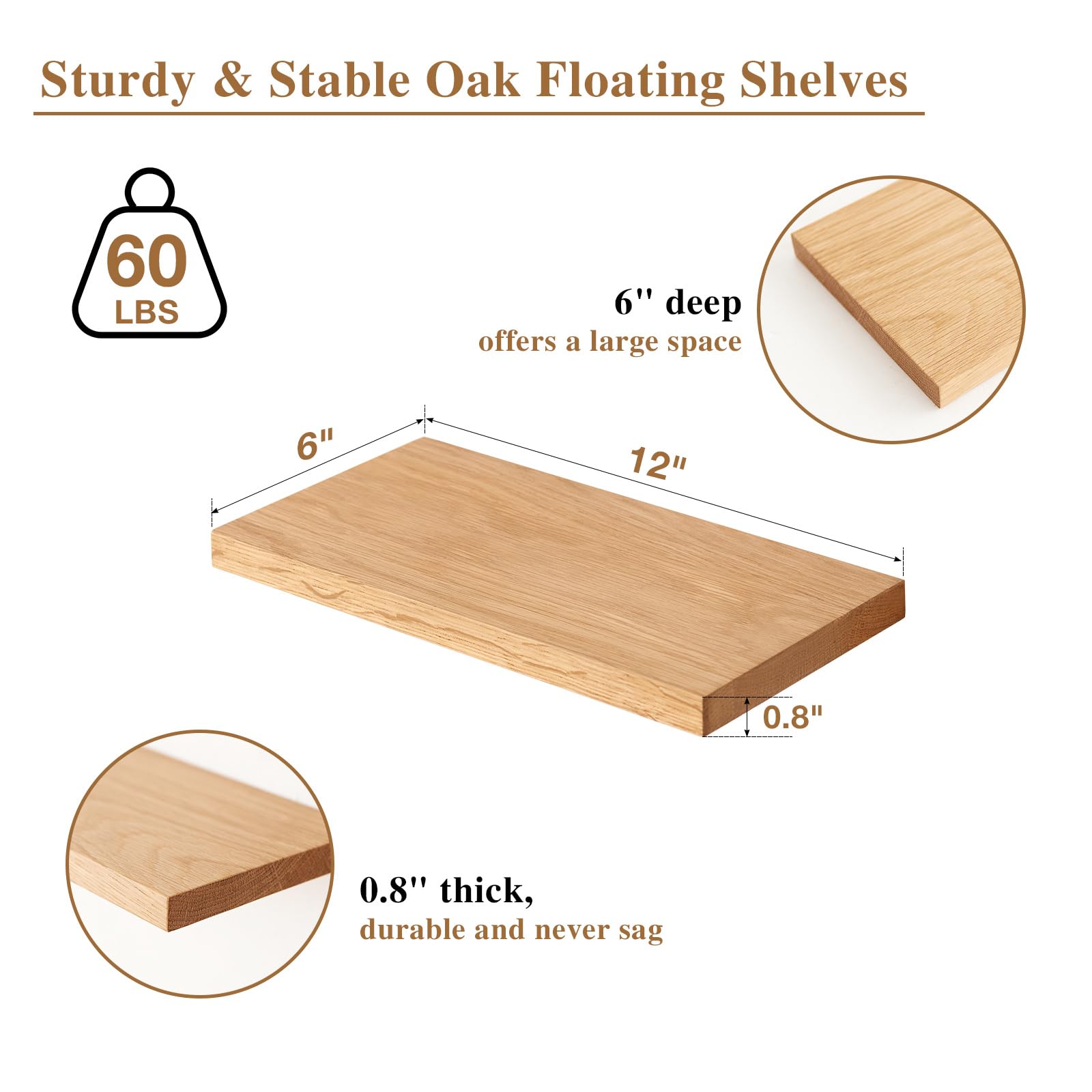 Rafala plutitoare din stejar masiv TREOAKWIS 30 cm – lemn natural — imaginea 4