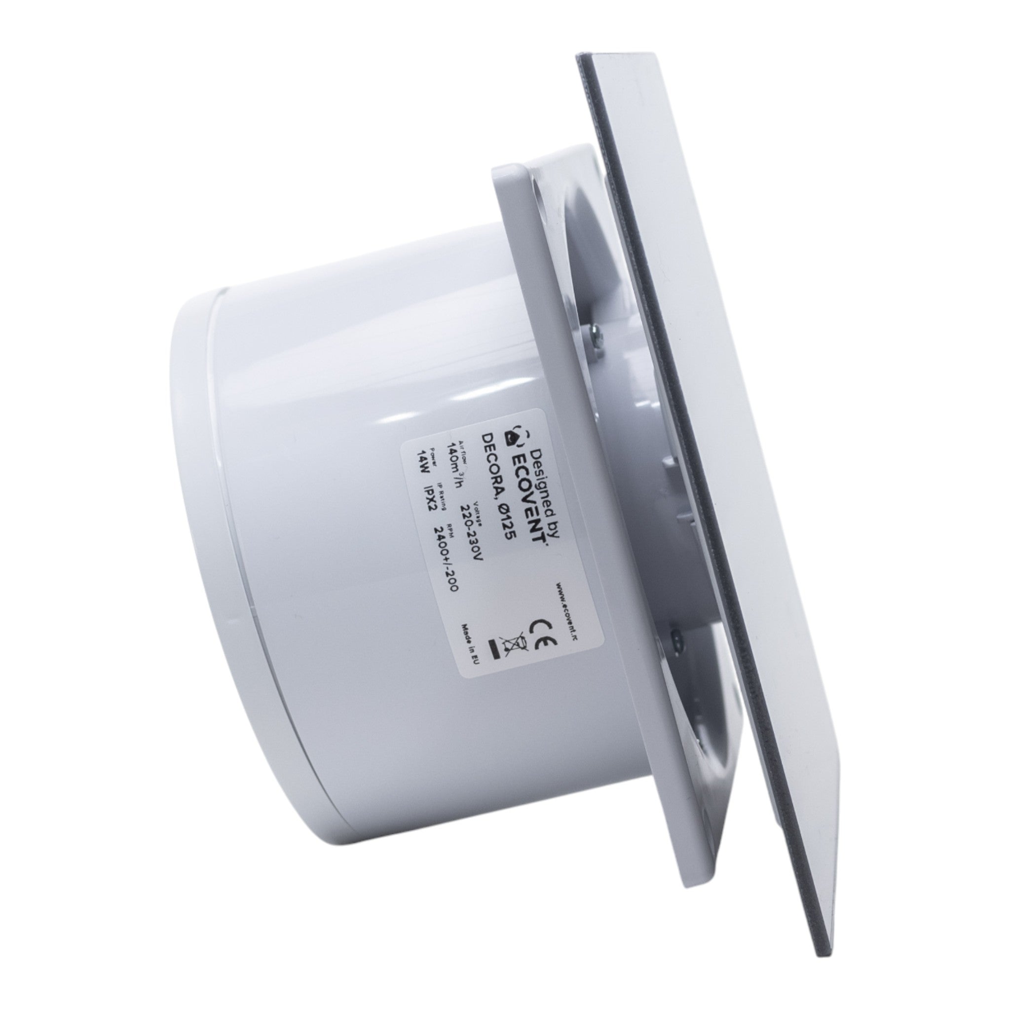 Ventilator de baie Ecovent DECORA, Ø125, Super Silent, Plexiglas, Clapeta antiretur, Debit 140 m3/h, Garantie 5 ani, Gri