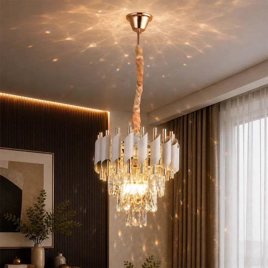 Candelabru Cristal VERSAILLES Petito 3xE14, Diametru 30cm, Auriu Lucios si Alb, Inaltime Reglabila