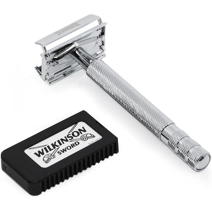 Aparat de ras si barbierit Wilkinson Clasic The Edger cu margine dubla, Inox, + 5 lame de rezerva, Gri