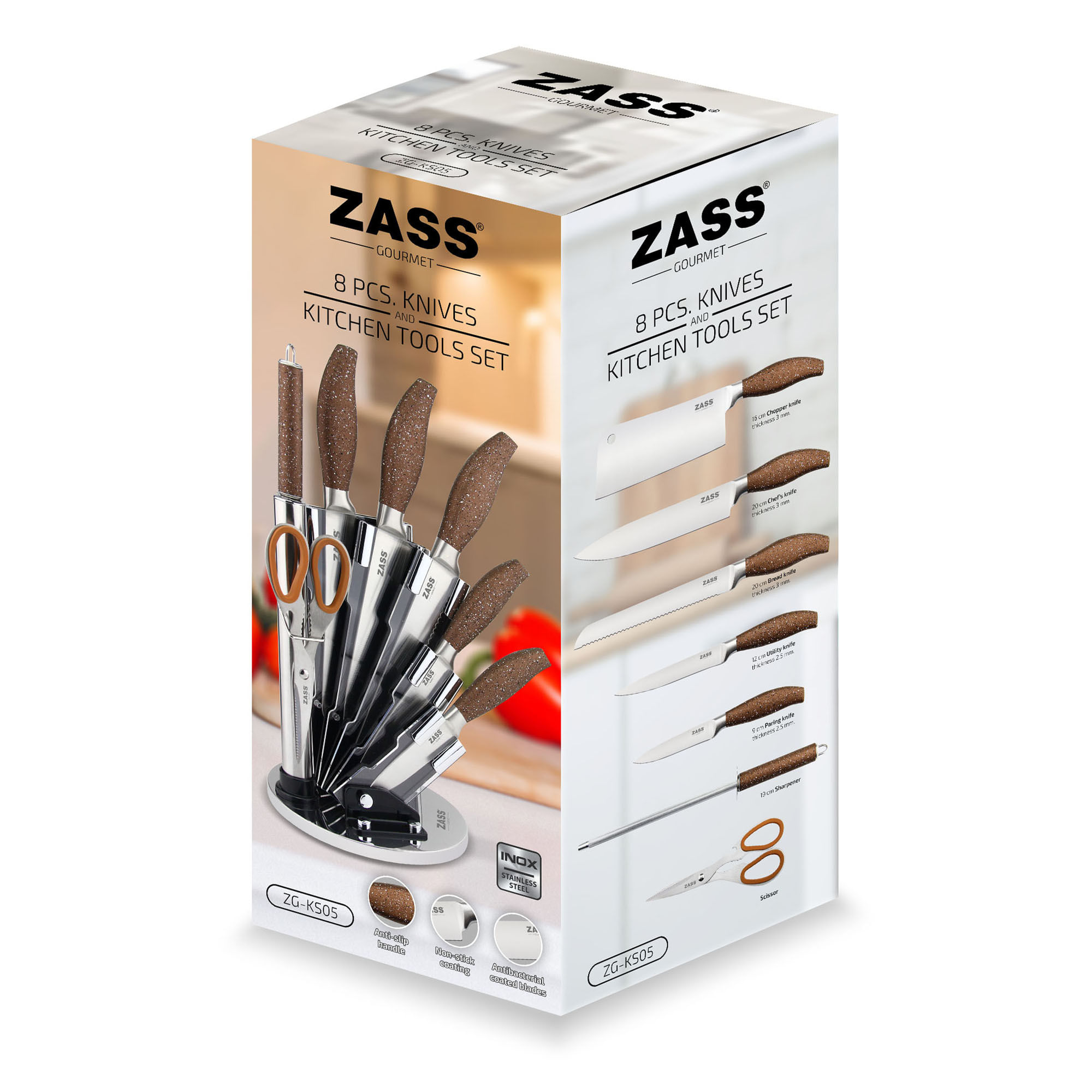 Set cutite + Ustensile de bucatarie Zass Gourmet ZG-KS 05, maro - 4 | YEO