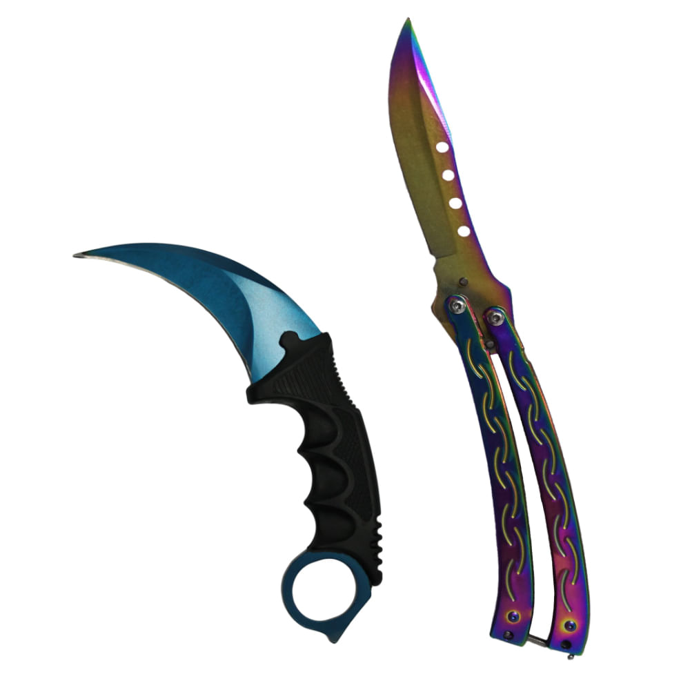 Set briceag butterfly, multicolor, 25 cm si cutit karambit, Rainbow, 19 cm, Otel inoxidabil