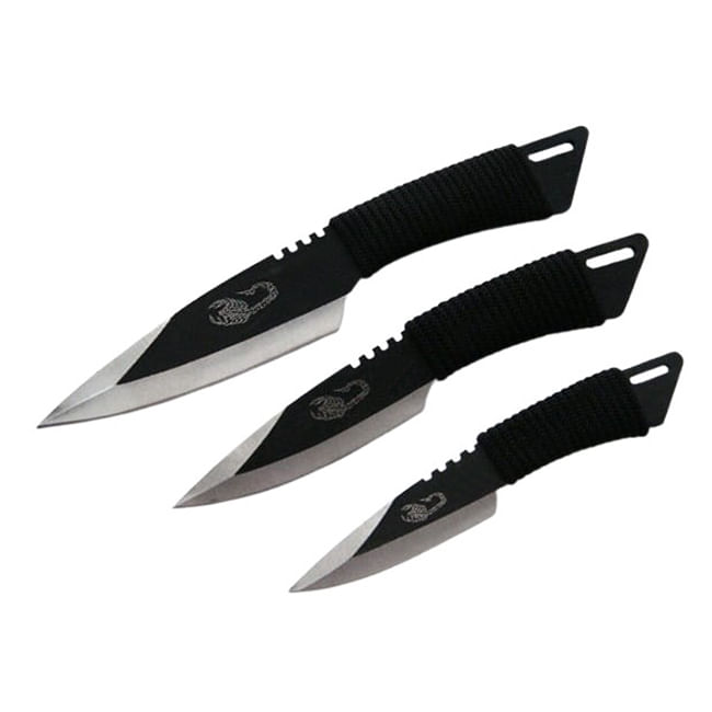 Set 3 cutite de aruncat IdeallStore®, Scorpion King, 24.5 cm, negru, husa inclusa