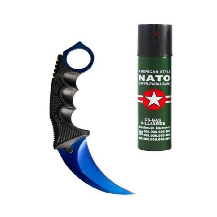 Set format din Karambit albastru, teaca din plastic BRT-023 si spray Nato paralizant 60 ml