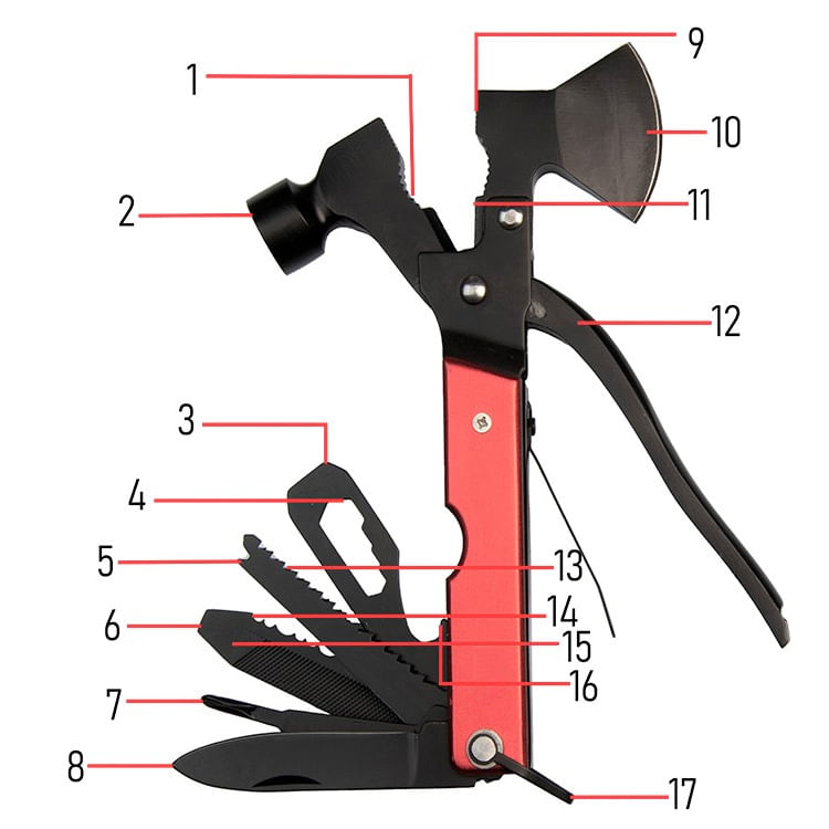 Cleste multifunctional IdeallStore®, Survival Instinct, otel inoxidabil, 16 functii, 16.5 cm, rosu, husa inclusa - 1 | YEO