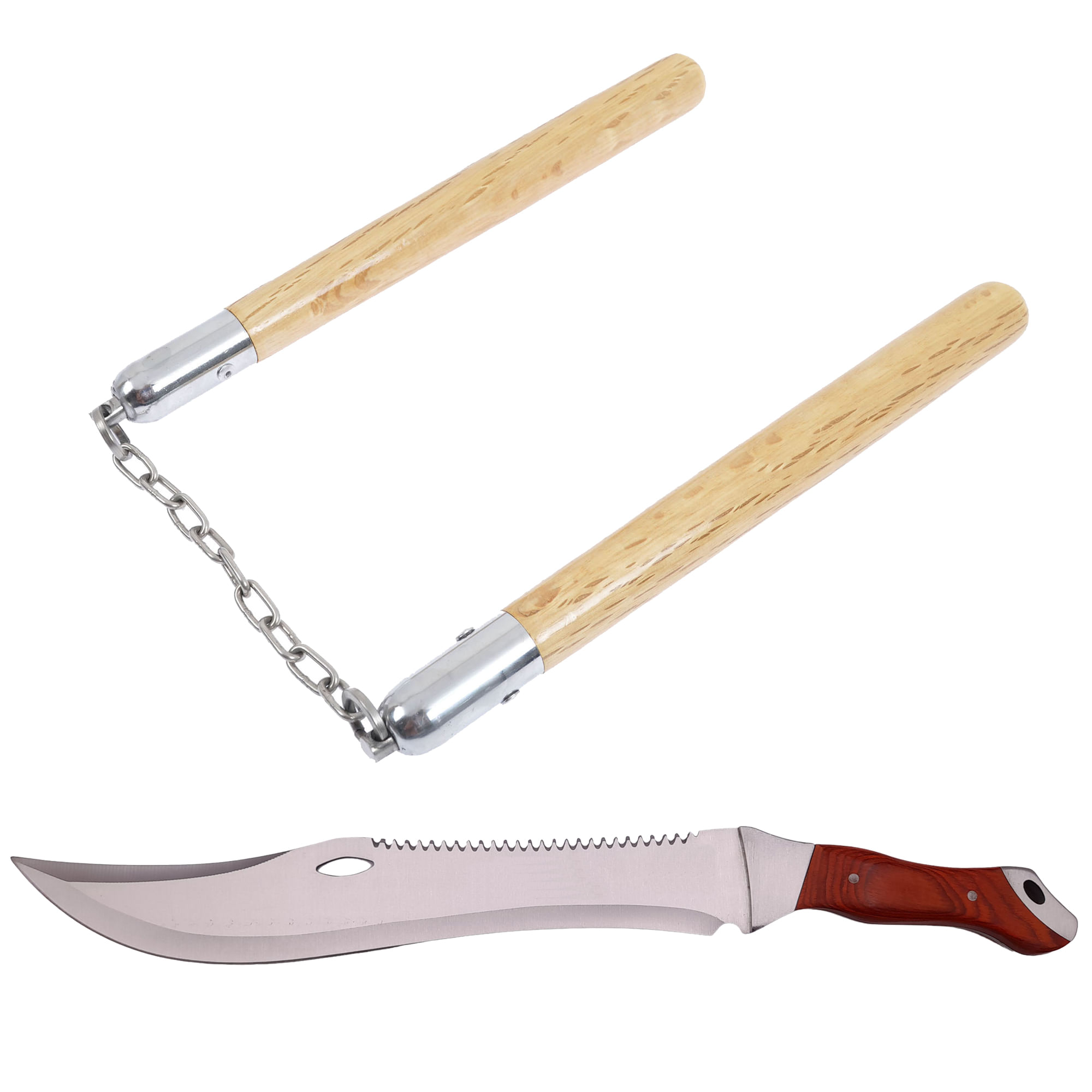 Set maceta de vanatoare IdeallStore®, Knife of Mind, otel inoxidabil, argintie, 46 cm si nunceag lemn