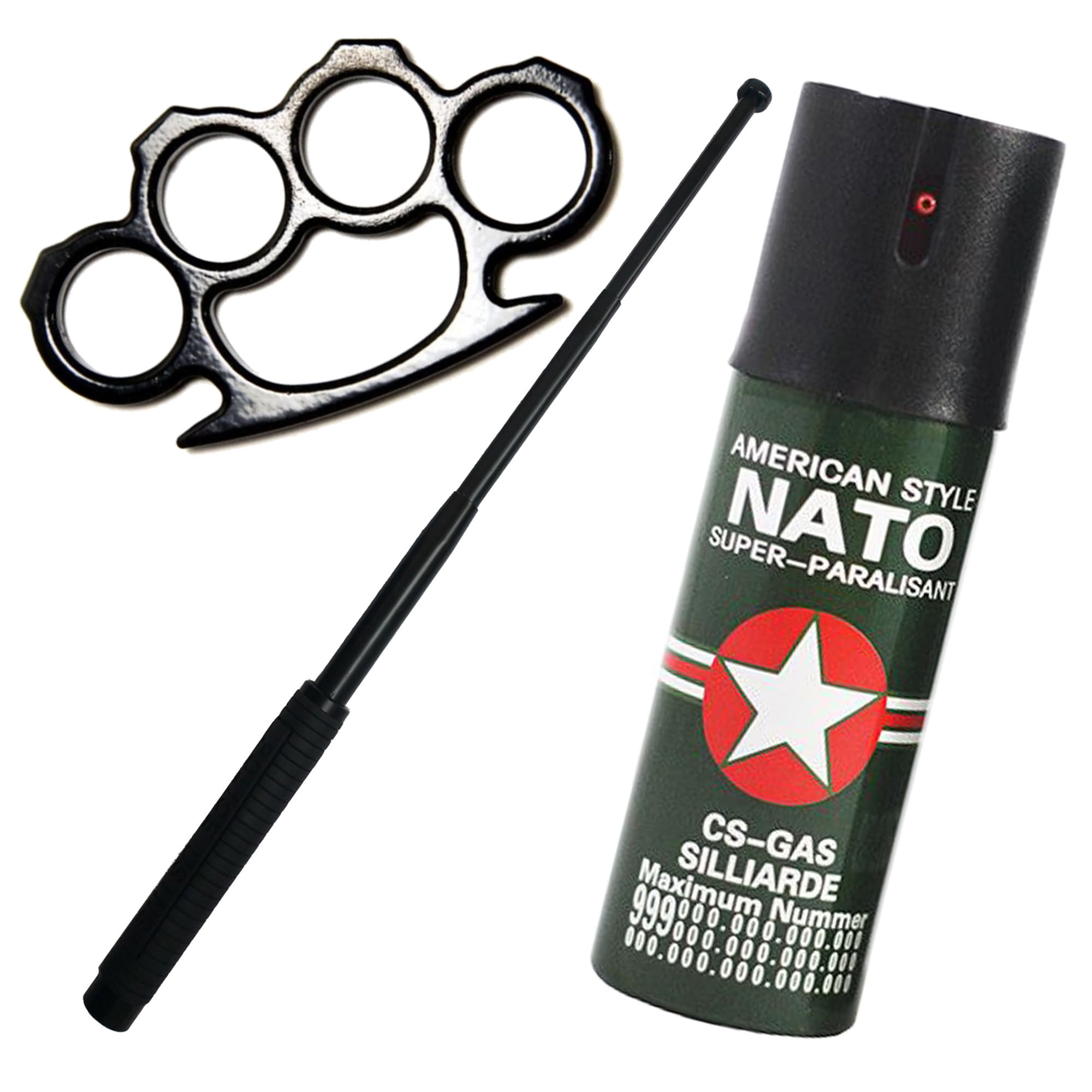 Kit autoaparare baston telescopic din otel, 64 cm, 4 sectiuni si pumnal, rozeta, box, spray paralizant iritant nato