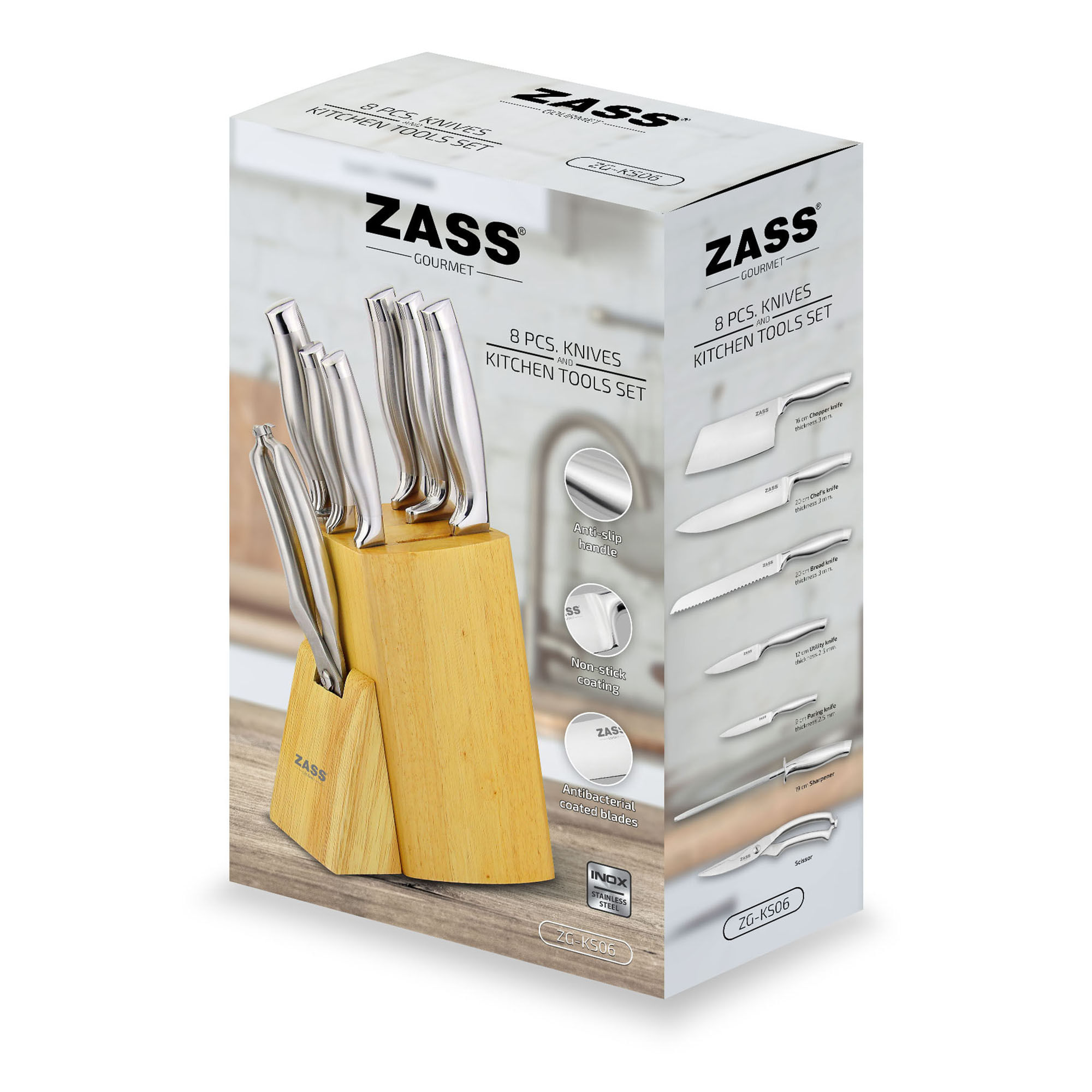 Set cutite + Ustensile de bucatarie Zass Gourmet ZG-KS 06, argintiu - 4 | YEO