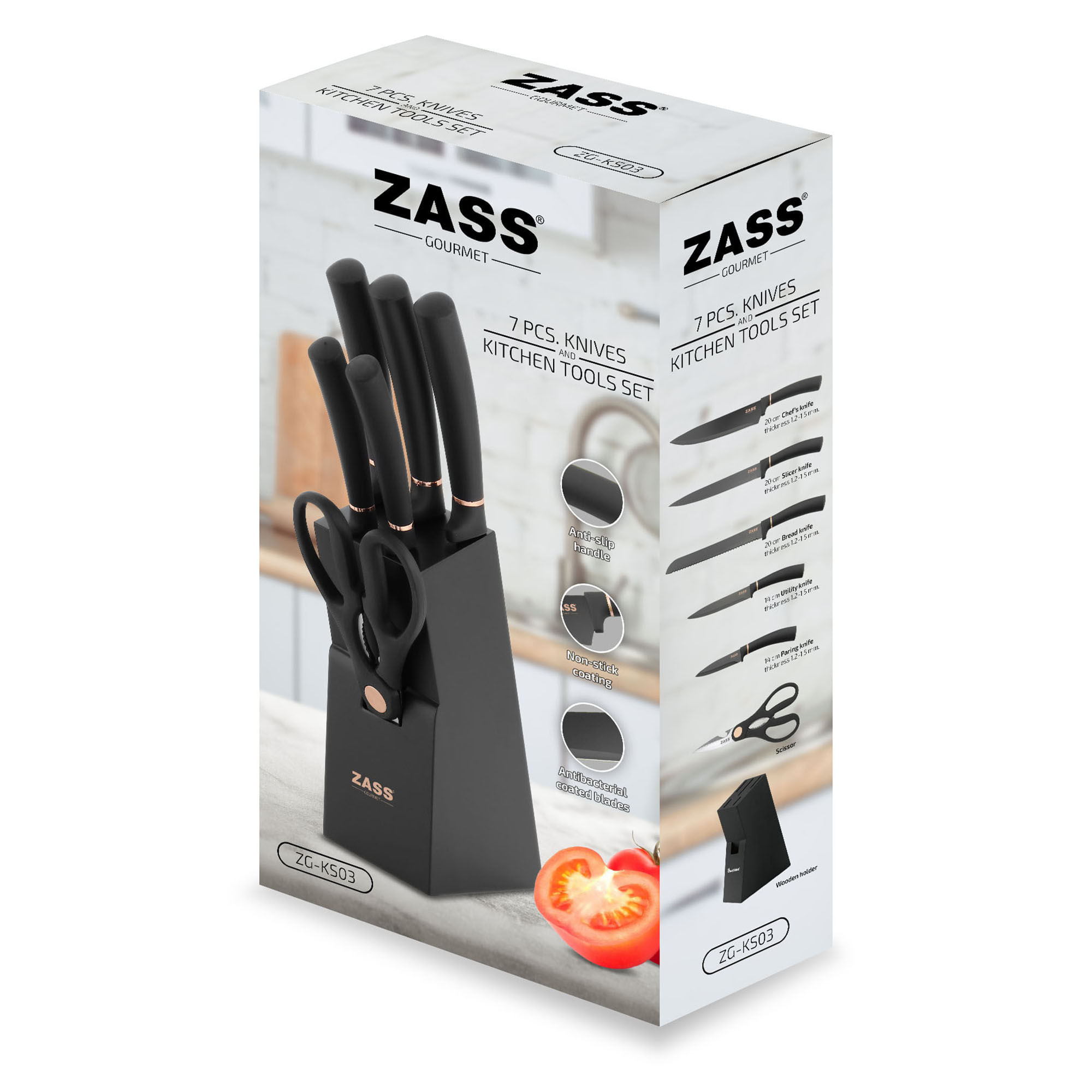 Set cutite + Ustensile de bucatarie Zass Gourmet ZG-KS 03, negru - 4 | YEO