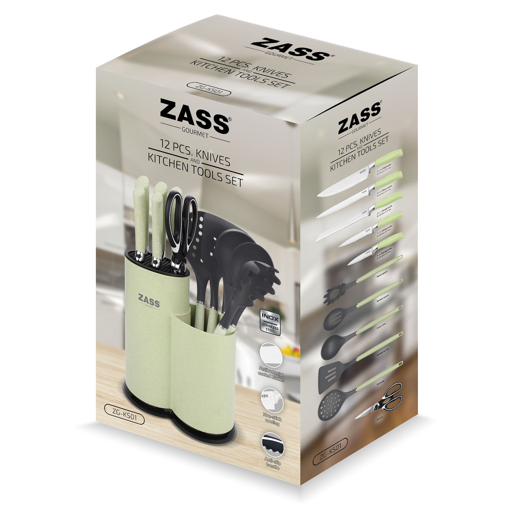 Set cutite + Ustensile de bucatarie Zass Gourmet ZG-KS 01, verde - 4 | YEO