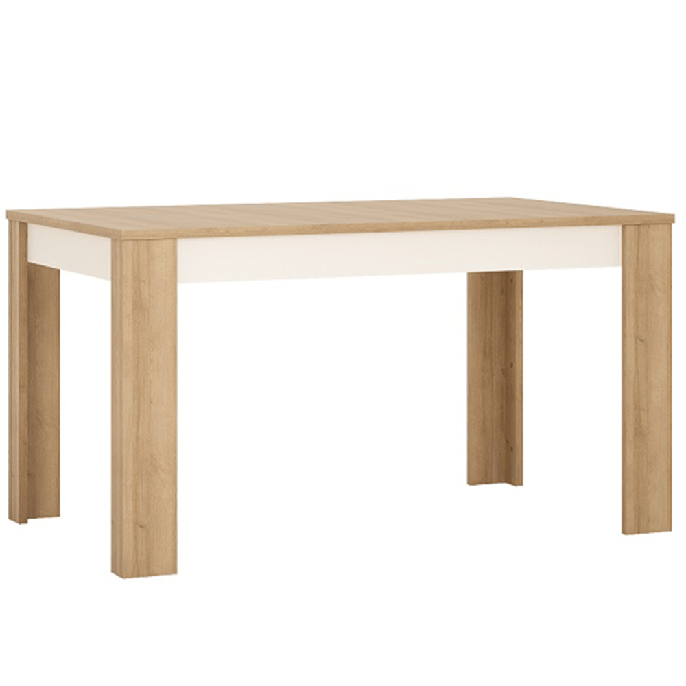 Masa dining LYOT03, extensibila, stejar riviera/alb extra lucios HG, 140-180x85 cm, LEONARDO