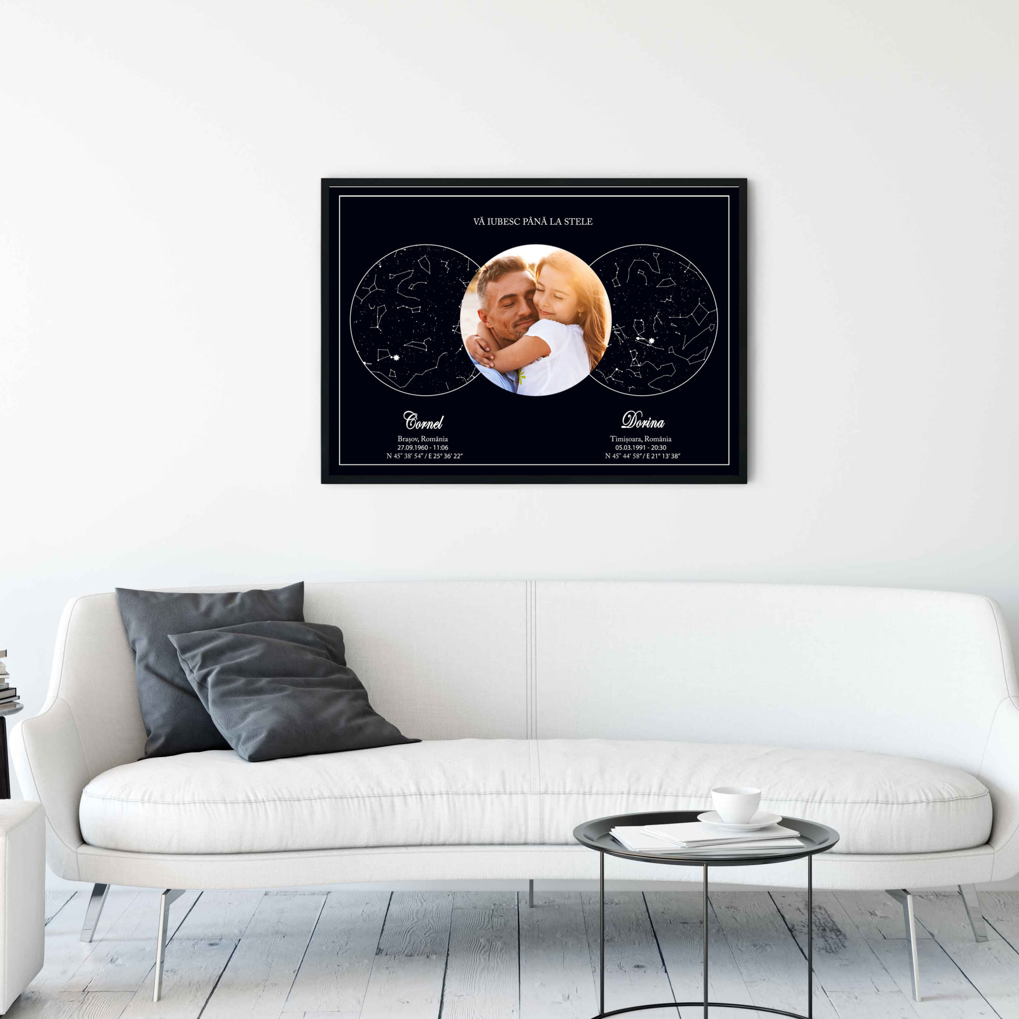 Tablou personalizat cu harta stelelor, model cu poza, rama negru, 20 x 30 cm