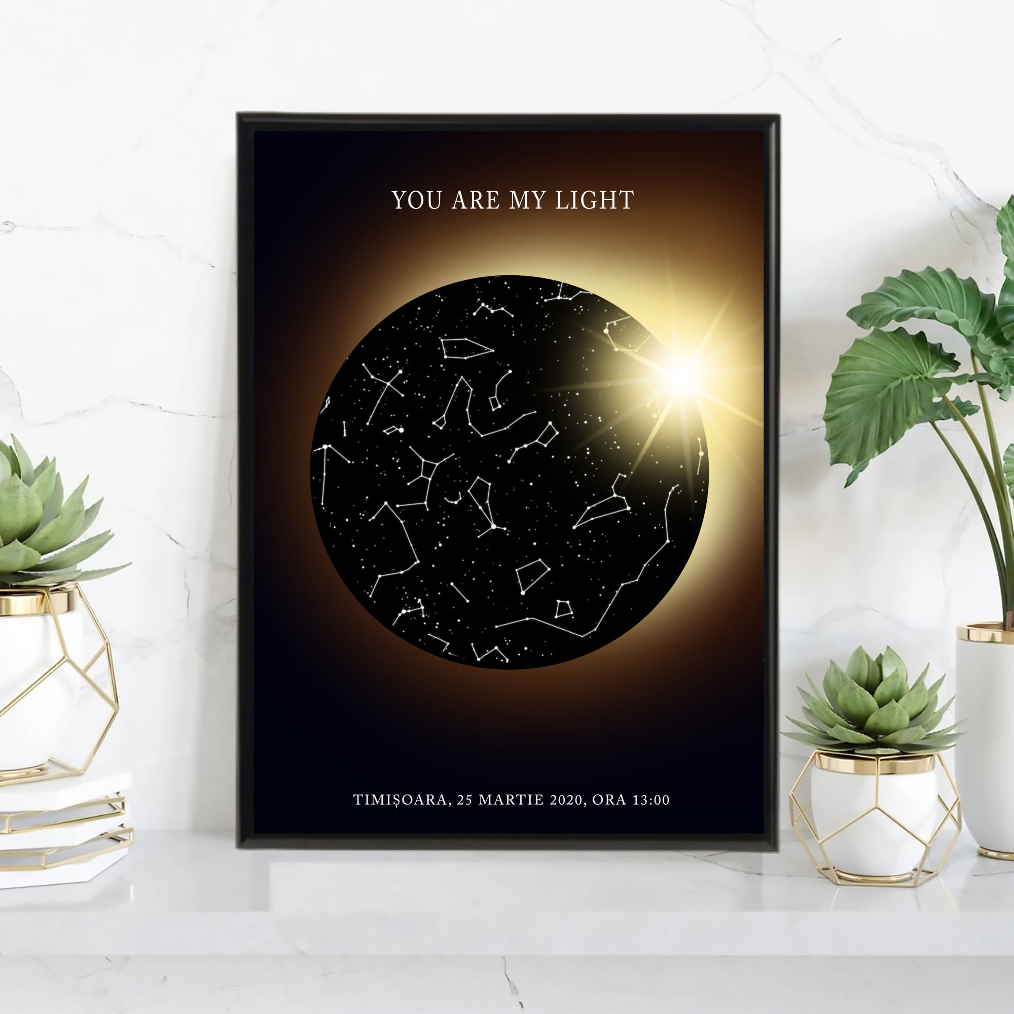Tablou personalizat cu harta stelelor, model lumina, rama negru, 20 x 30 cm