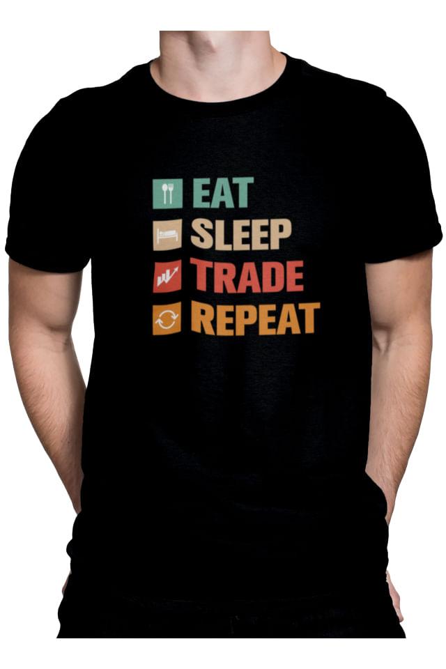 Tricou personalizat cu mesaj amuzant, Priti Global, pentru investitori in crypto, Eatleep, Trade, Repeat