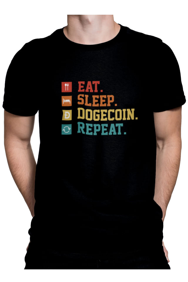 Tricou personalizat pentru investitori in criptomonede, cu mesaj amuzant, Priti Global, Eat, Sleep, Dogecoin, Repeat