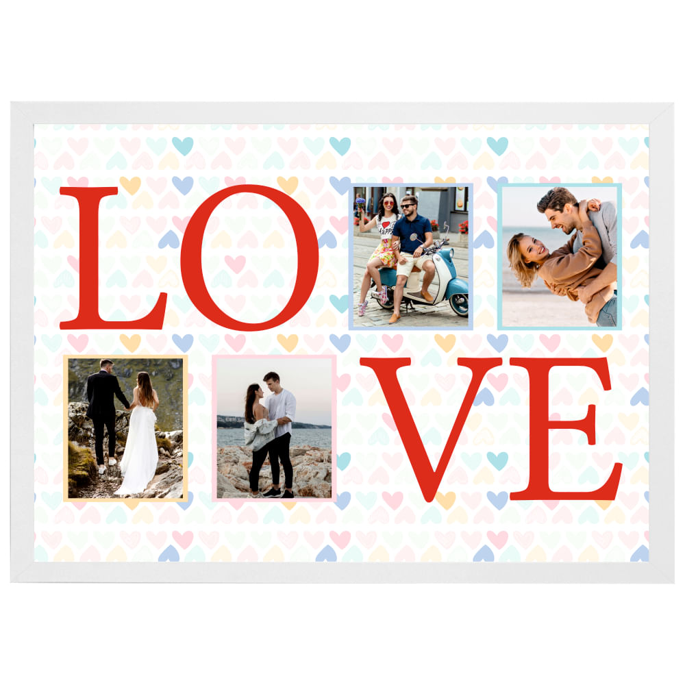 Tablou pentru ziua indragostitilor, personalizat cu textul LOVE si 4 poze, din lemn natural, Priti Global, Alb, A3, 30 x 42 cm