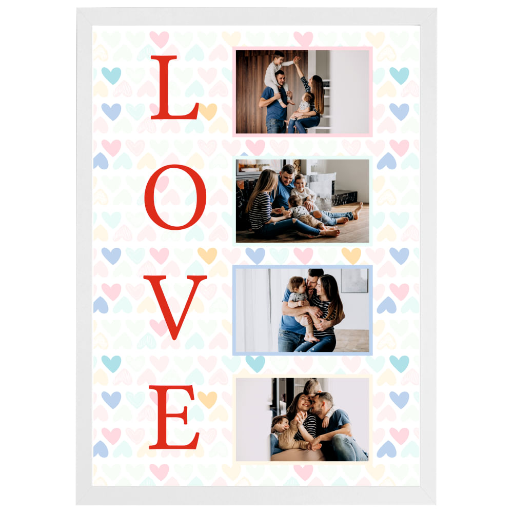 Tablou personalizat cu textul LOVE si 4 poze, cadou inedit pentru aniversare cuplu, din lemn natural, Priti Global, Alb, A3, 30 x 42 cm