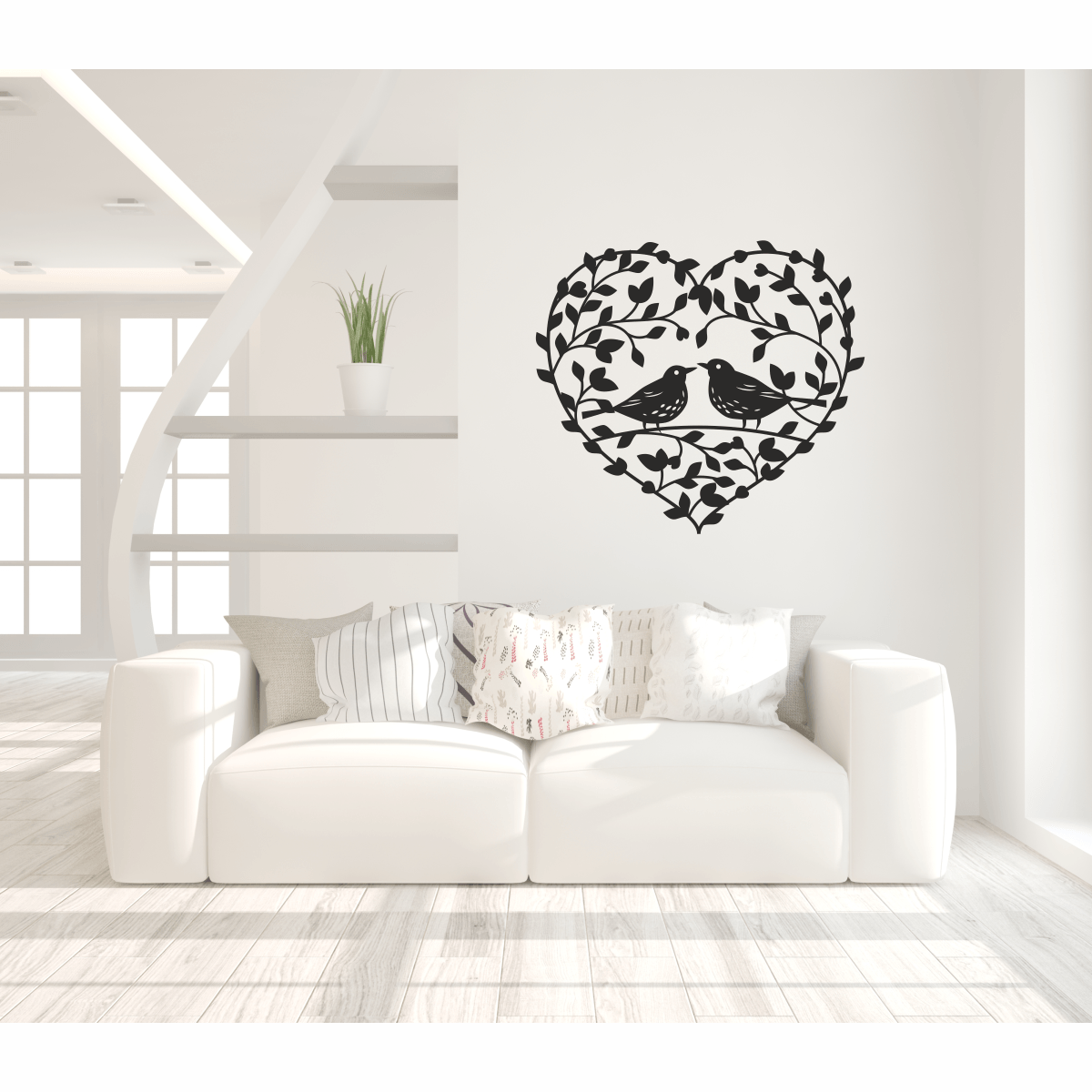 Sticker decorativ, Priti Global, pentru casa, inimioare din crengute, cu pasari, Negru 110 x 97 cm