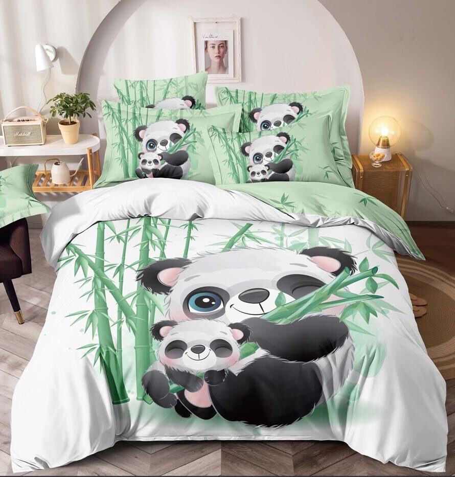 Lenjerie bumbac finet imprimeu 3D, pat dublu, bamboo panda, alb verde