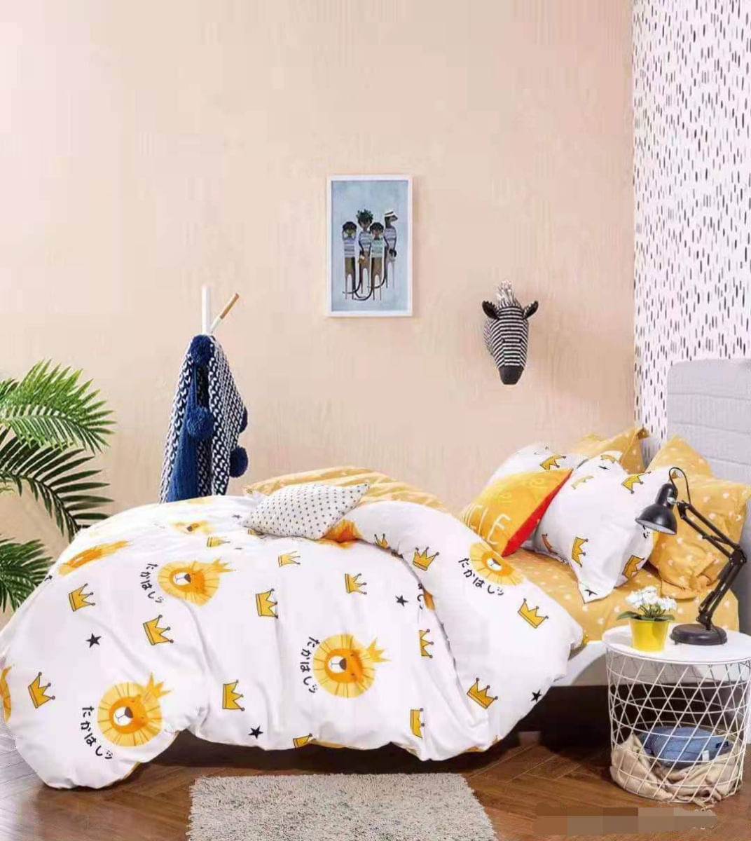 Lenjerie copii pat 1 persoana, bumbac finet, bear king, galben alb
